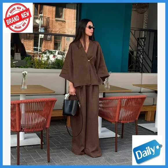 Large Cotton 2-Piece Outfit Batwing Sleeve Top Wide Leg Pants Tracksuit - Picture 4 of 5